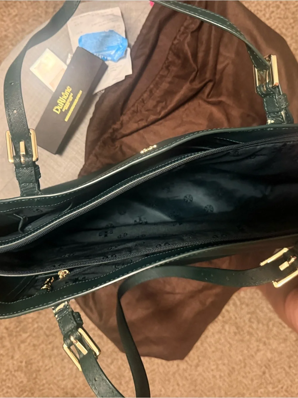 Tory Burch Dark Green Leather Tote with Gold Emblem